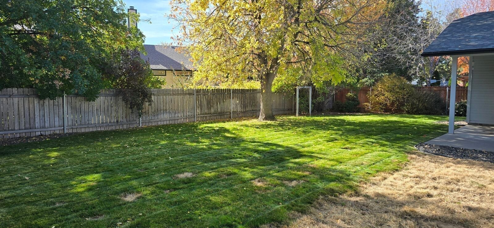 Beautifully maintained residential lawn in Mountain Home, Idaho after professional leaf removal service