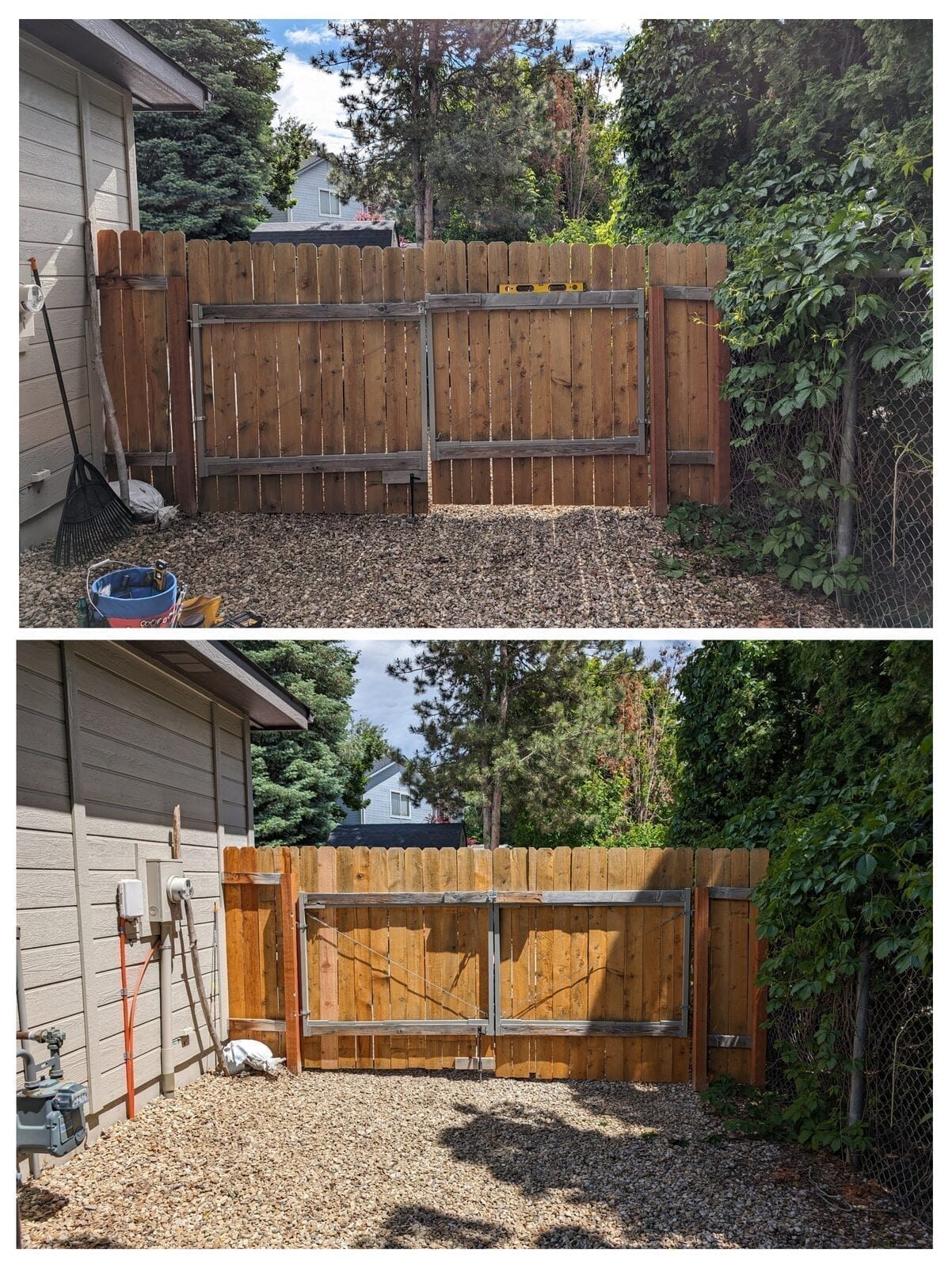 Wooden fence repair project showing damaged fence boards replaced and restored